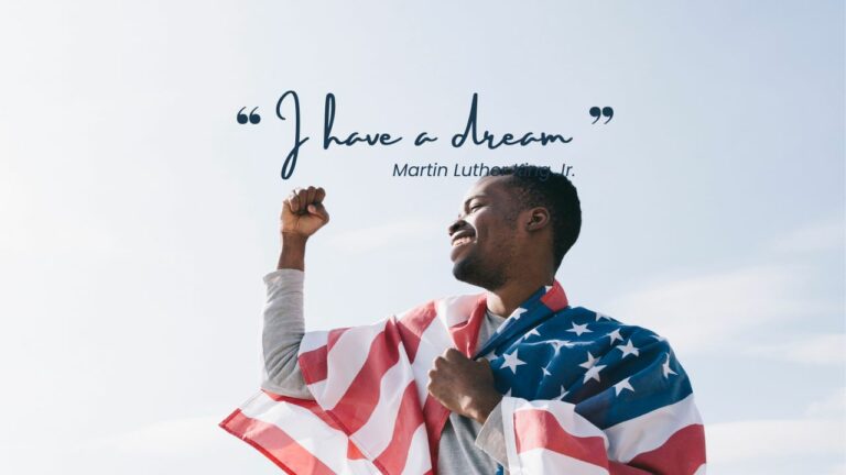 Martin Luther King Jr Day Advancing Diversity Equity And Inclusion   Blue And Red Martin Luther King Jr With American Flag Instagram Post YouTube Thumbnail 768x432 